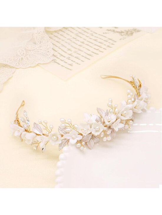 Elegant Gold Bridal Headband with Ceramic Flowers & Pearl Accents - Wedding Hair
